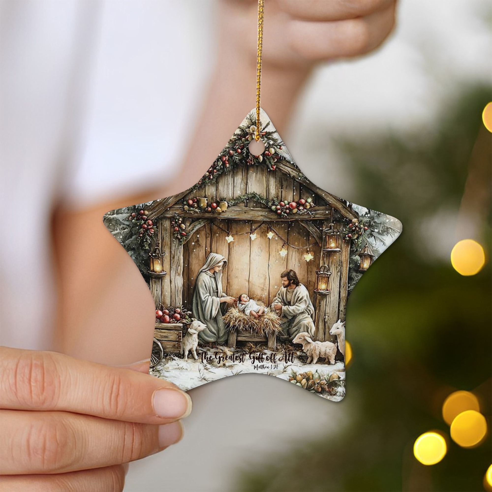 Nativity Scene Christmas Ornament, Holy Family Manger Scene with Baby Jesus, Greatest Gift of All Matthew 1:21, Christian Holiday Decoration DCLAF37